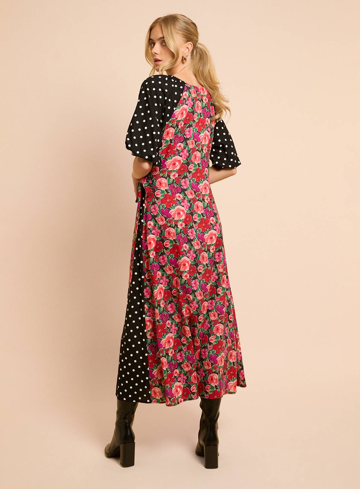 DOROTHY PERKINS Floral Spot Mix Puff Sleeve Print Mix Wrap Midi Dress 14 - Image 3